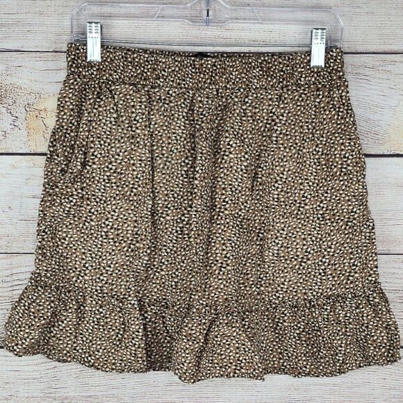 Tahari 100% Linen Brown Polka Dot Ruffle Hem Mini Pull On Skirt Medium - Picture 2 of 6